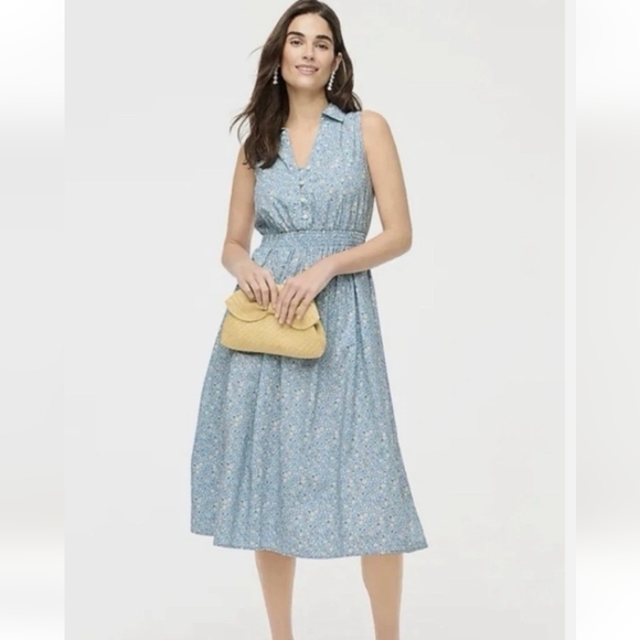 J. Crew Sleeveless Blue Floral Shirred-Waist Midi Dress - Picture 3 of 8